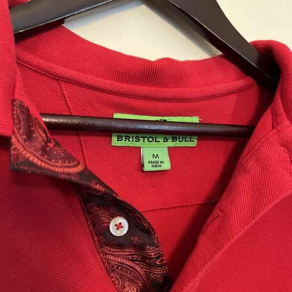 Bristol & Bull Contrast Silk Paisley Collared Pique Cotton Polo Shirt, Red- Med. - Picture 6 of 10